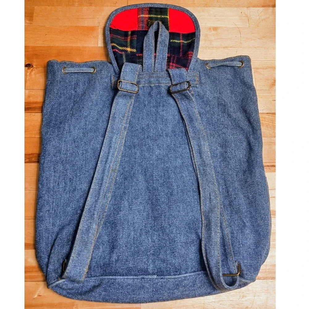 Classic Traditions‎ Vintage Denim Patchwork Backpack Plaid Rucksack Blue Medium
